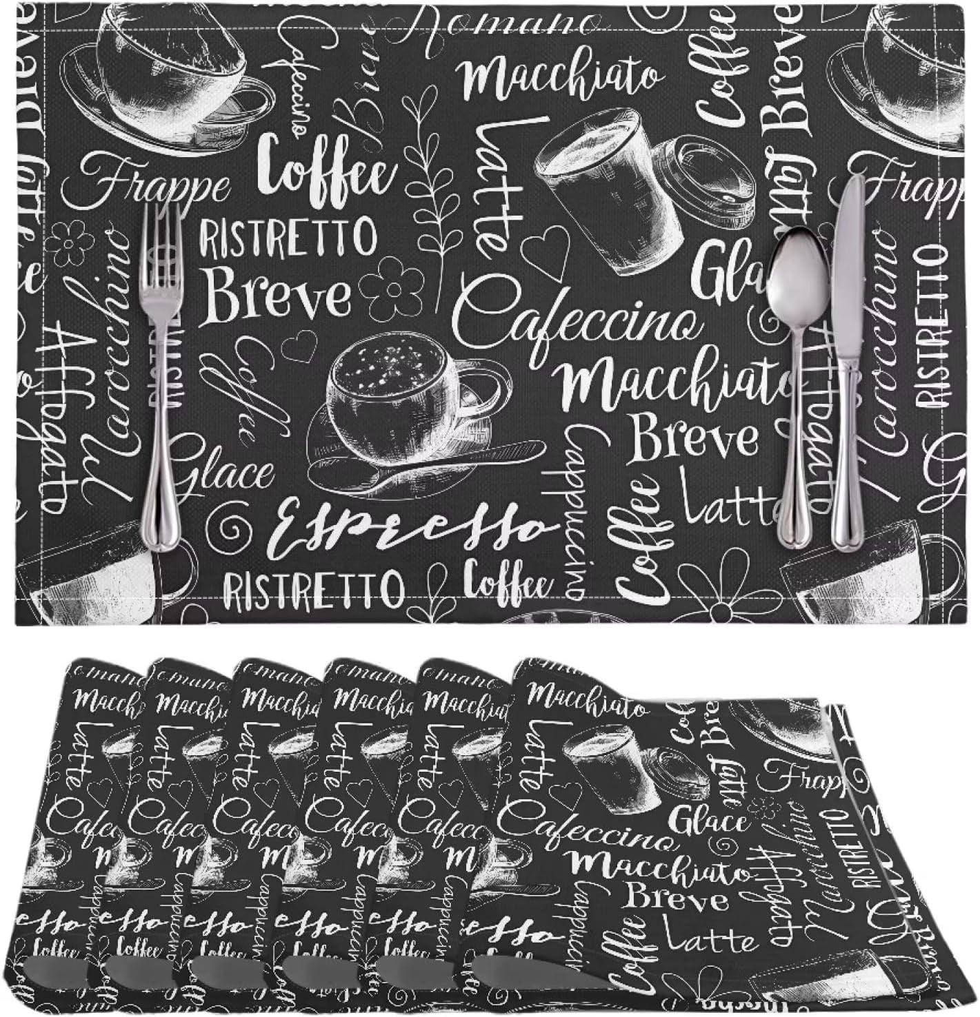Placemat linen Weave Table Mats Set of 6, Durable Scratch Resistant Waterproof Oil-Proof Dining Table Heat Stain Resistant Placemats, Coffee Vintage Black