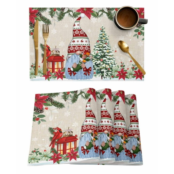 Placemats 1 Pack, Beige Christmas Woven Placemat, Linen Place Mats for Kitchen/Dining Tables, Xmas Tree Gnomes Poinsettia Snowflake Washable Table Mats for Party
