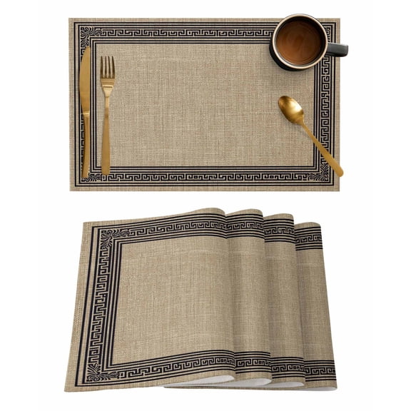 Placemats 1 Pack, Black Brown Retro Greek Key Woven Placemat, Linen Place Mats for Kitchen/Dining Tables, Geometric Greece Ancient Rustic Washable Table Mats for Party