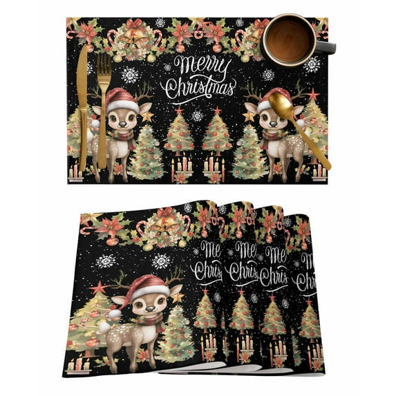 Placemats 1 Pack, Black Christmas Elk Woven Placemat, Linen Place Mats for Kitchen/Dining Tables, Deer Xmas Tree Botanical Balls Washable Table Mats for Party