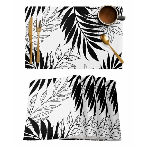 Placemats 1 Pack, Black Leaves Woven Placemat, Linen Place Mats for Kitchen/Dining Tables, Abstract Modern Geometric Lines Simple Art Washable Table Mats for Party