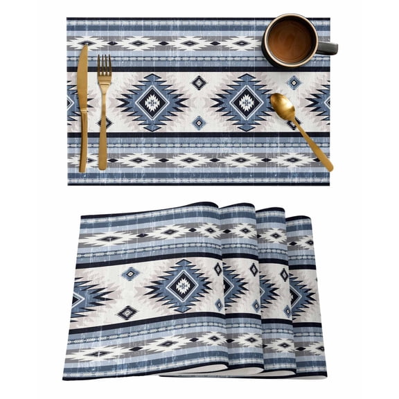 Placemats 1 Pack, Blue Boho Woven Placemat, Linen Place Mats for Kitchen/Dining Tables, Southwestern Ethnic Aztec Retro Geometric Washable Table Mats for Party