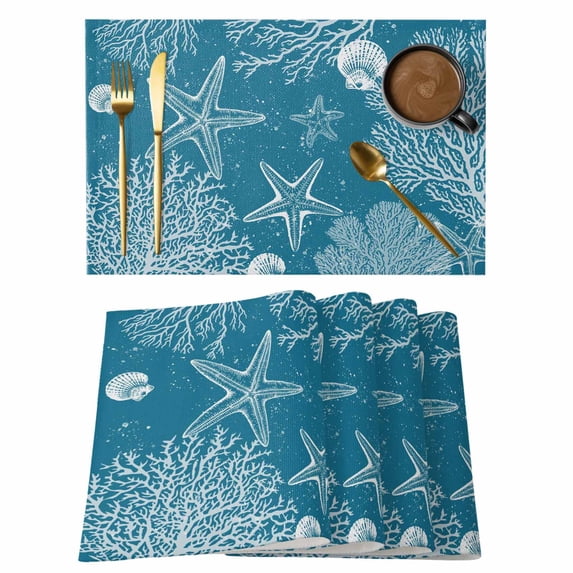 Placemats 1 Pack, Blue Coastal Woven Placemat, Linen Place Mats for Kitchen/Dining Tables, Starfish Coral Summer Beach Ocean Washable Table Mats for Party