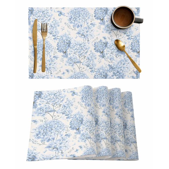 Placemats 1 Pack, Blue Floral Woven Placemat, Linen Place Mats for Kitchen/Dining Tables, Garden Petals Flower Botanical Tree Branch Washable Table Mats for Party