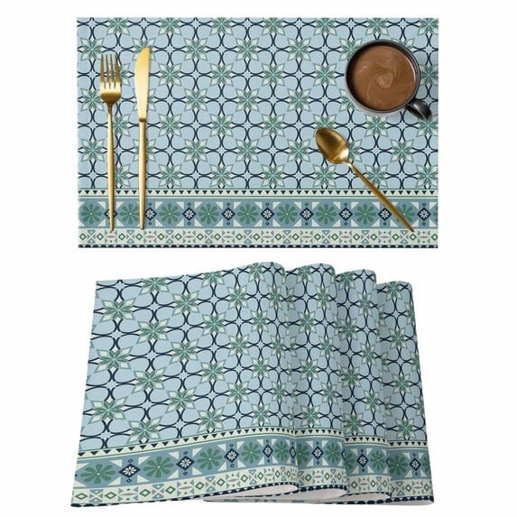 Placemats 1 Pack, Blue Flowers Woven Placemat, Linen Place Mats for Kitchen/Dining Tables, Farmhouse Country Abstract Floral Patterned Washable Table Mats for Party