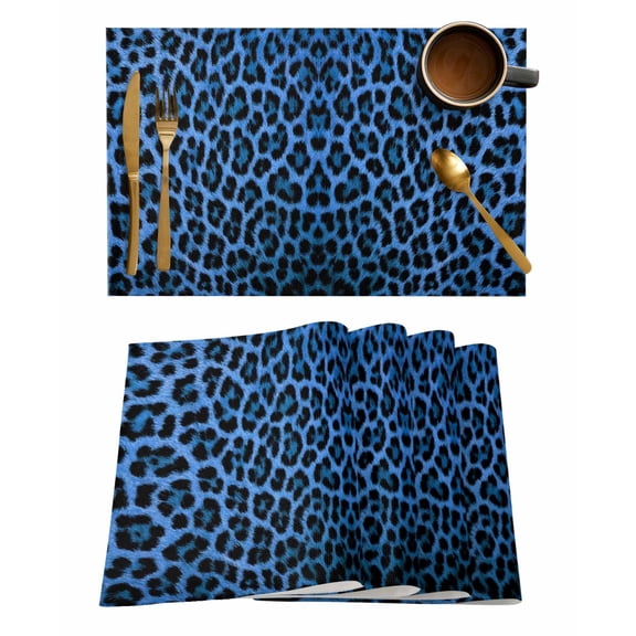 Placemats 1 Pack, Blue Leopard Print Woven Placemat, Linen Place Mats for Kitchen/Dining Tables, Vintage Abstract Animal Patterned Art Washable Table Mats for Party
