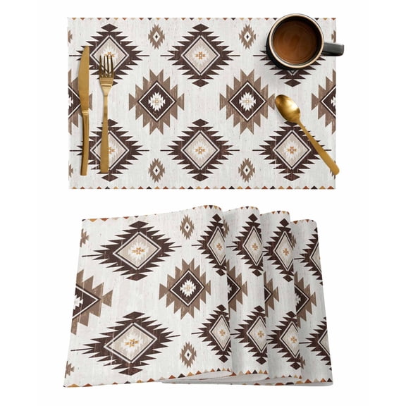 Placemats 1 Pack, Brown Aztec Woven Placemat, Linen Place Mats for Kitchen/Dining Tables, Southwest Boho Tribal Country Motifs Art Washable Table Mats for Party