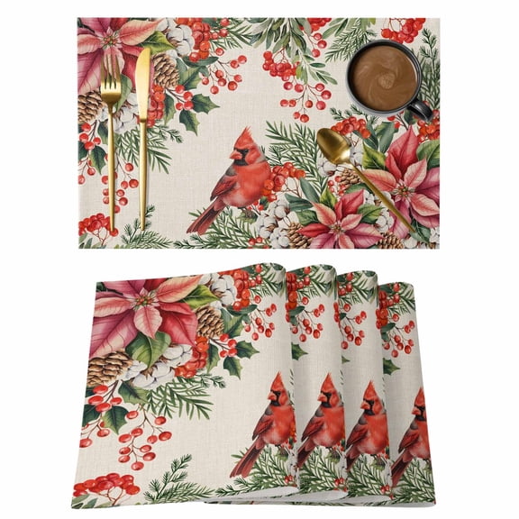 Placemats 1 Pack, Cardinal Bird Woven Placemat, Linen Place Mats for Kitchen/Dining Tables, Pine Cones Poinsettia Berry Floral Beige Washable Table Mats for Party