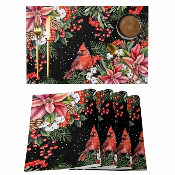 Placemats 1 Pack, Cardinal Bird Woven Placemat, Linen Place Mats for Kitchen/Dining Tables, Winter Poinsettia Pine Cones Berry Black Washable Table Mats for Party