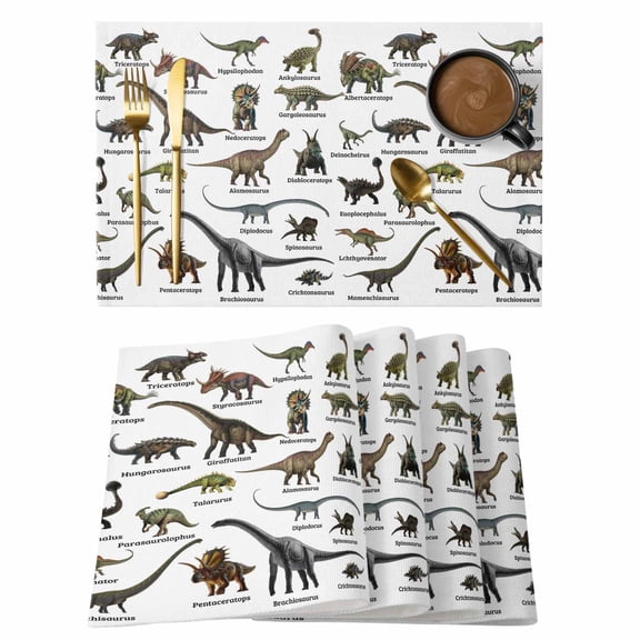 Placemats 1 Pack, Cartoon Dinosaurs Woven Placemat, Linen Place Mats for Kitchen/Dining Tables, Natural Primitive Wild Animals Names Washable Table Mats for Party