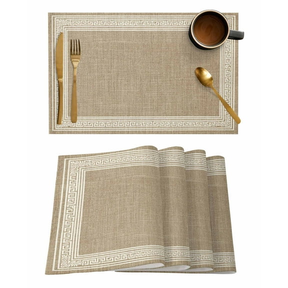 Placemats 1 Pack, Cream Greek Key Woven Placemat, Linen Place Mats for Kitchen/Dining Tables, Geometric Greece Ancient Rustic Washable Table Mats for Party