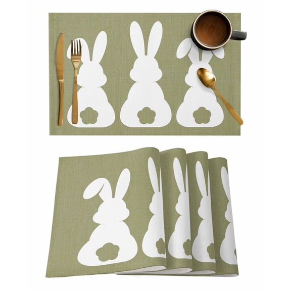 Placemats 1 Pack, Easter Bunny Woven Placemat, Linen Place Mats for Kitchen/Dining Tables, Cute Rabbit Family Vintage Green Abstract Washable Table Mats for Party