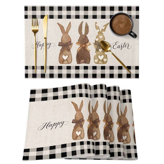 Placemats 1 Pack, Easter Bunny Woven Placemat, Linen Place Mats for Kitchen/Dining Tables, Vintage Rabbits Bow Black Plaid Washable Table Mats for Party