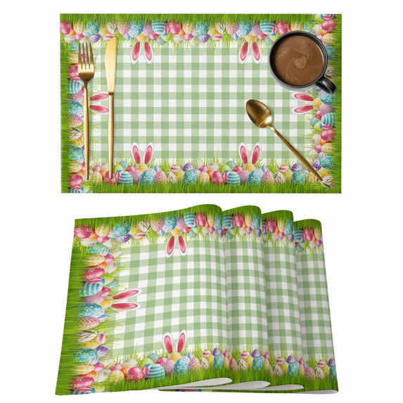 Placemats 1 Pack, Easter Woven Placemat, Linen Place Mats for Kitchen/Dining Tables, Rabbit Ears Colorful Eggs Green White Buffalo Plaid Washable Table Mats for Party