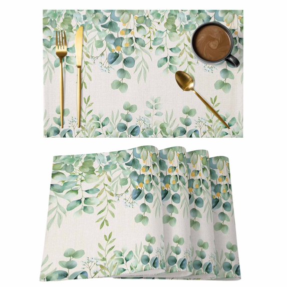 Placemats 1 Pack, Eucalyptus Leaves Woven Placemat, Linen Place Mats for Kitchen/Dining Tables, Sage Green Summer Botanical Washable Table Mats for Party