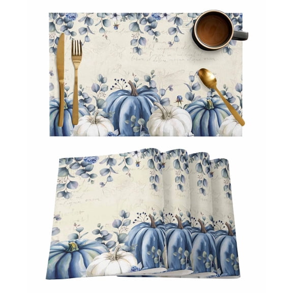 Placemats 1 Pack, Fall Blue Woven Placemat, Linen Place Mats for Kitchen/Dining Tables, Thanksgiving White Pumpkin Vintage Eucalyptus Washable Table Mats for Party