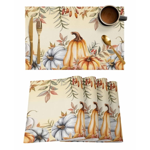 Placemats 1 Pack, Fall Pumpkins Woven Placemat, Linen Place Mats for Kitchen/Dining Tables, Thanksgiving Country Flower Leaf Orange Washable Table Mats for Party