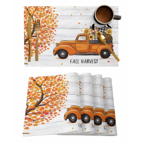 Placemats 1 Pack, Fall Pumpkins Woven Placemat, Linen Place Mats for Kitchen/Dining Tables, Thanksgiving Maple Country Cart Harvest Washable Table Mats for Party