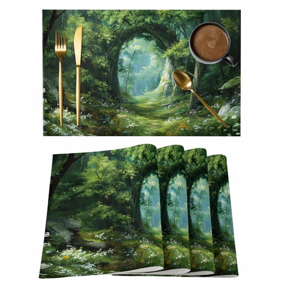 Placemats 1 Pack, Forest Woven Placemat, Linen Place Mats for Kitchen/Dining Tables, Nature Green Tree Spring Scenic Woodland Washable Table Mats for Party