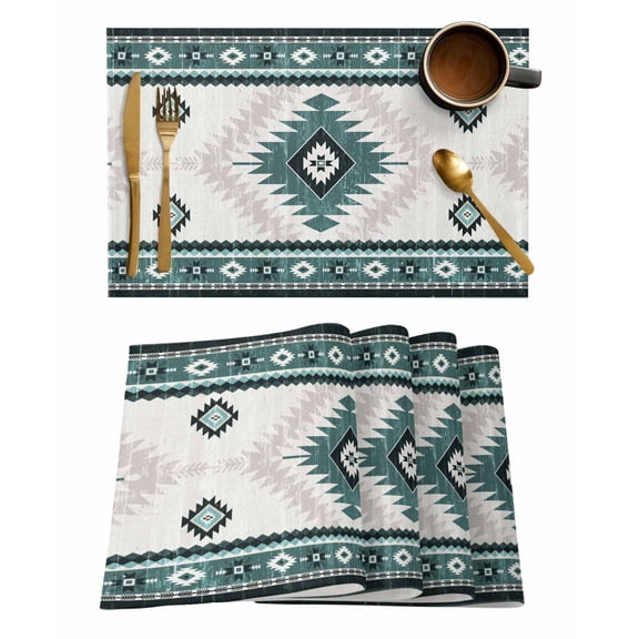 Placemats 1 Pack, Green Beige Boho Woven Placemat, Linen Place Mats for Kitchen/Dining Tables, Vintage Ethnic Tribal Southwestern Washable Table Mats for Party