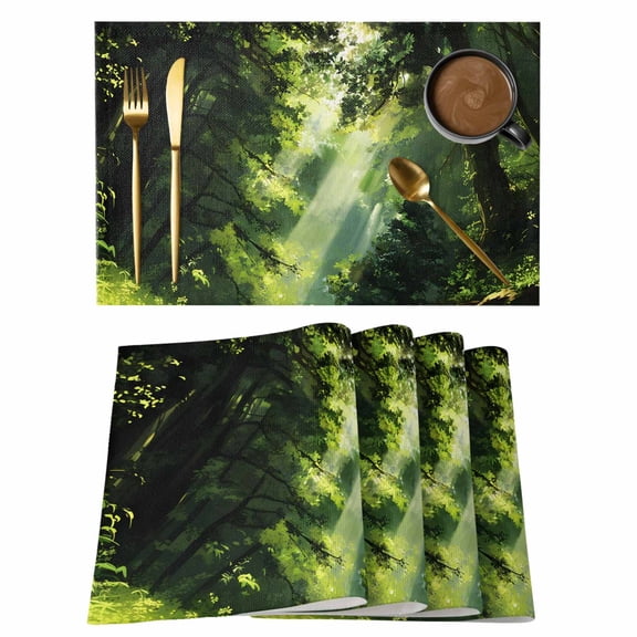 Placemats 1 Pack, Green Forest Woven Placemat, Linen Place Mats for Kitchen/Dining Tables, Nature Spring Scenic Woodland Washable Table Mats for Party
