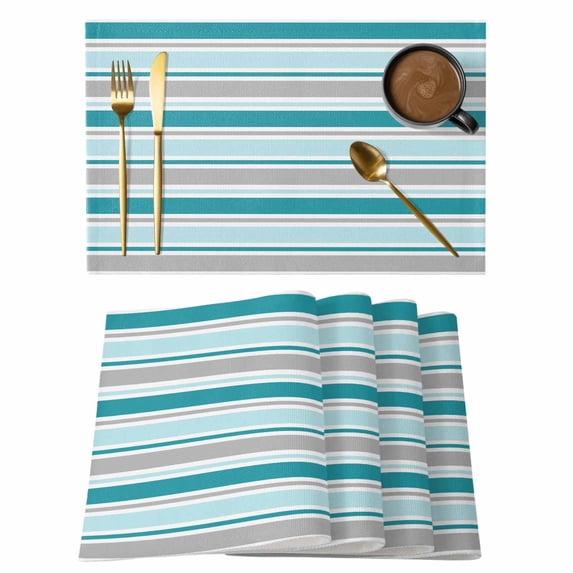 Placemats 1 Pack, Grey Blue Striped Woven Placemat, Linen Place Mats for Kitchen/Dining Tables, Farmhouse Stripes Modern Abstract Art Washable Table Mats for Party