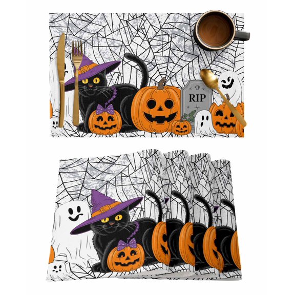 Placemats 1 Pack, Halloween Woven Placemat, Linen Place Mats for Kitchen/Dining Tables, Fall Ghost Pumpkin Black Spiderwebs Cat Washable Table Mats for Party