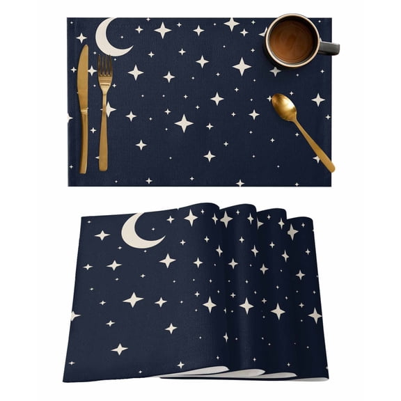 Placemats 1 Pack, Modern Navy Blue Woven Placemat, Linen Place Mats for Kitchen/Dining Tables, Japanese Style Moon Stars Minimalism Washable Table Mats for Party