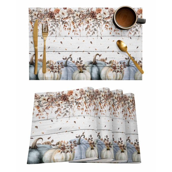 Placemats 1 Pack, Navy Blue Pumpkin Fall Woven Placemat, Linen Place Mats for Kitchen/Dining Tables, Thanksgiving Leaves Floral Wooden Washable Table Mats for Party