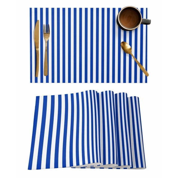 Placemats 1 Pack, Navy Blue Stripe Woven Placemat, Linen Place Mats for Kitchen/Dining Tables, Modern White Vertical Striped Geometric Washable Table Mats for Party