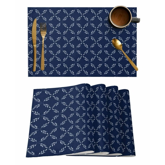 Placemats 1 Pack, Navy Blue Woven Placemat, Linen Place Mats for Kitchen/Dining Tables, Geometric Leaf Diamond Plaid Abstract Check Washable Table Mats for Party