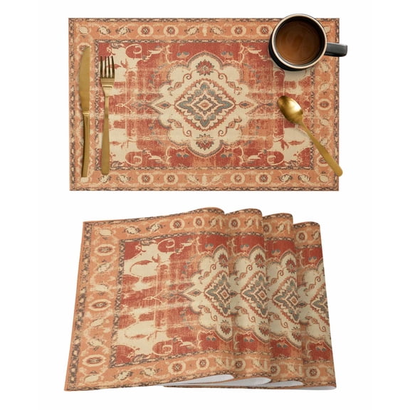 Placemats 1 Pack, Orange Boho Woven Placemat, Linen Place Mats for Kitchen/Dining Tables, Geometric Antique Tribal Retro Ethnic Washable Table Mats for Party