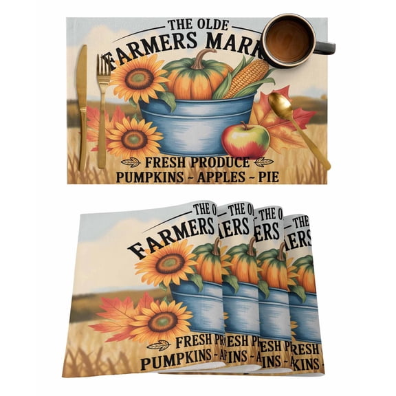Placemats 1 Pack, Orange Pumpkins Fall Woven Placemat, Linen Place Mats for Kitchen/Dining Tables, Thanksgiving Sunflower Maple Country Corns Washable Table Mats for Party
