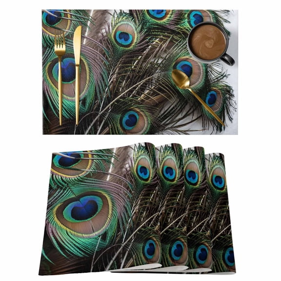Placemats 1 Pack, Peacock Feather Woven Placemat, Linen Place Mats for Kitchen/Dining Tables, Teal Blue Bird Feather Modern Art Printed Washable Table Mats for Party