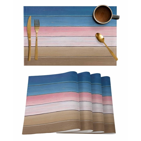 Placemats 1 Pack, Pink Blue Brown Woven Placemat, Linen Place Mats for Kitchen/Dining Tables, Farmhouse Gradient Wooden Plank Art Washable Table Mats for Party