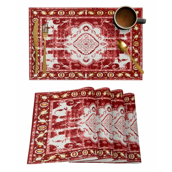 Placemats 1 Pack, Red Boho Woven Placemat, Linen Place Mats for Kitchen/Dining Tables, Multicolored Colorful Tainted Pattern Tribal Washable Table Mats for Party