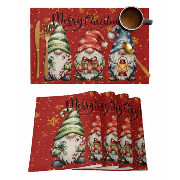 Placemats 1 Pack, Red Christmas Woven Placemat, Linen Place Mats for Kitchen/Dining Tables, Winter Cartoon Xmas Gnomes Snowflake Washable Table Mats for Party