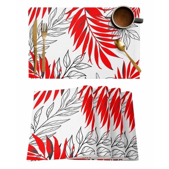 Placemats 1 Pack, Red Leaves Woven Placemat, Linen Place Mats for Kitchen/Dining Tables, Abstract Modern Geometric Lines Simple Art Washable Table Mats for Party