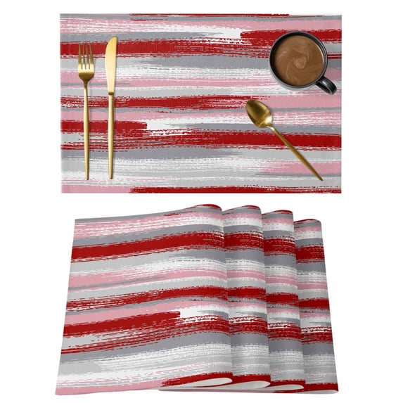 Placemats 1 Pack, Red Pink Gray Stripes Woven Placemat, Linen Place Mats for Kitchen/Dining Tables, Modern Abstract Minimalist Retro Washable Table Mats for Party
