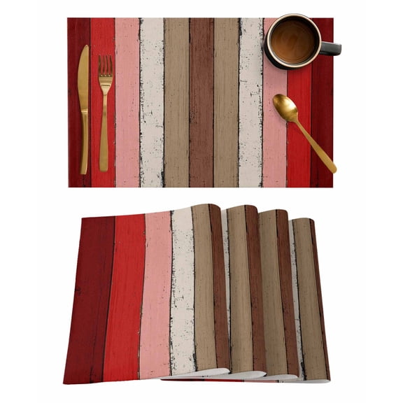 Placemats 1 Pack, Red Pink Woven Placemat, Linen Place Mats for Kitchen/Dining Tables, Farmhouse Wood Grain Vintage Brown Striped Washable Table Mats for Party