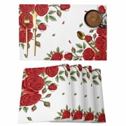 Placemats 1 Pack, Red Roses Valentines Day Woven Placemat, Linen Place Mats for Kitchen/Dining Tables, Romantic Spring Floral Washable Table Mats for Party