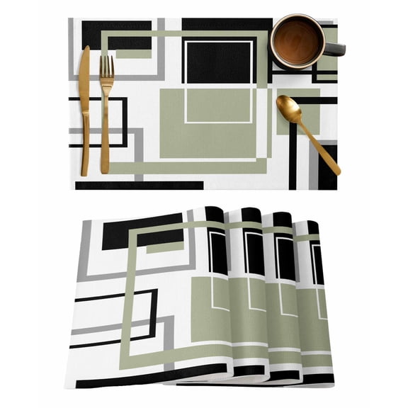 Placemats 1 Pack, Sage Green Geometric Woven Placemat, Linen Place Mats for Kitchen/Dining Tables, Black Gray Abstract Striped Art Washable Table Mats for Party