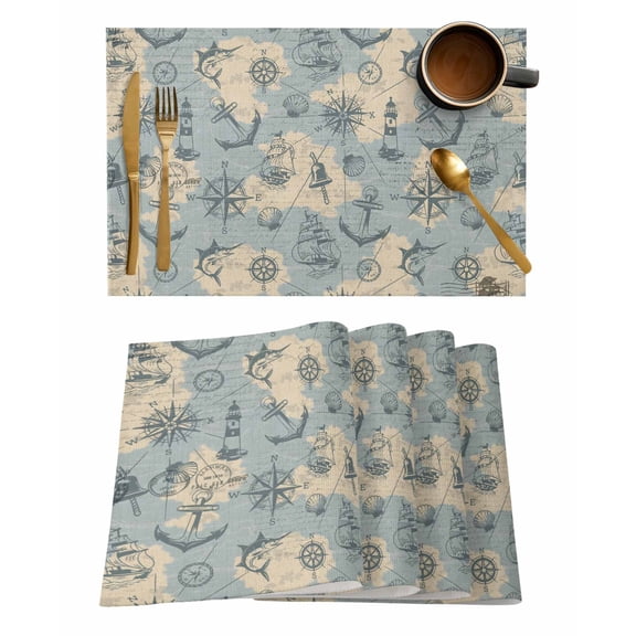 Placemats 1 Pack, Sailing Anchor Woven Placemat, Linen Place Mats for Kitchen/Dining Tables, Retro Compass Lighthouse Fish Route Map Washable Table Mats for Party