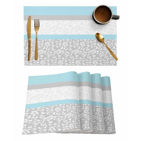 Placemats 1 Pack, Sky Blue Grey Woven Placemat, Linen Place Mats for Kitchen/Dining Tables, Chic Garden Floral Stripe Embroidery Design Washable Table Mats for Party