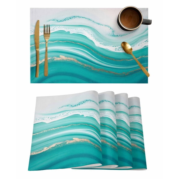 Placemats 1 Pack, Teal Waves Abstract Woven Placemat, Linen Place Mats for Kitchen/Dining Tables, Gradient Fluid Water Ripple Washable Table Mats for Party