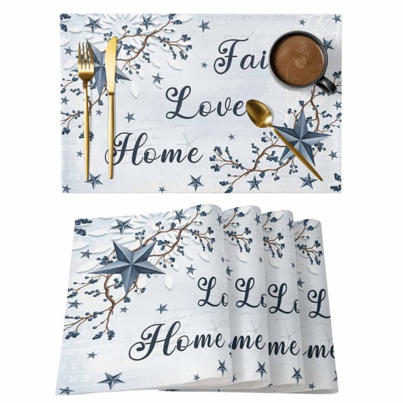 Placemats 1 Pack, Texas Star Country Woven Placemat, Linen Place Mats for Kitchen/Dining Tables, Blue Farmhouse Branches Washable Table Mats for Party