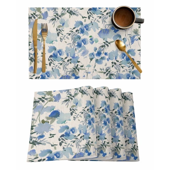 Placemats 1 Pack, Vintage Blue Flower Woven Placemat, Linen Place Mats for Kitchen/Dining Tables, Farmhouse Botanical Floral Retro Washable Table Mats for Party