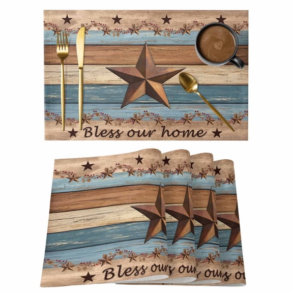 Placemats 1 Pack, Western Texas Star Retro Woven Placemat, Linen Place Mats for Kitchen/Dining Tables, Vintage Farmhouse Blue Brown Wood Grain Washable Table Mats for Party