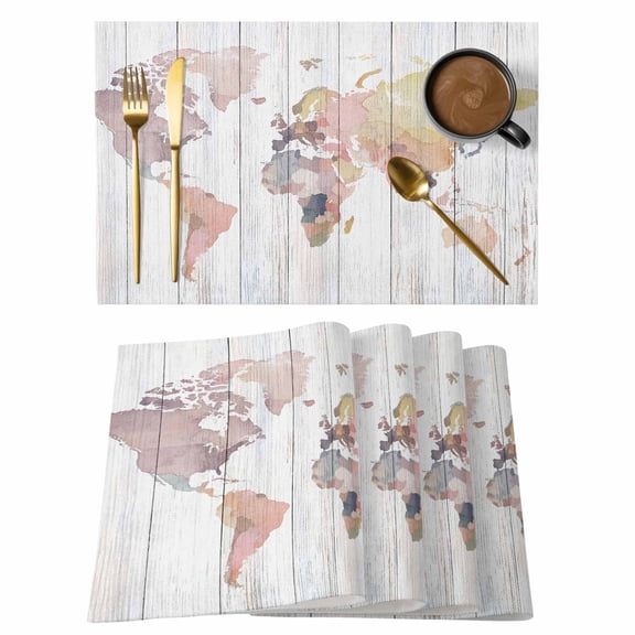 Placemats 1 Pack, World Map Woven Placemat, Linen Place Mats for Kitchen/Dining Tables, Farmhouse Abstract Illustration Wooden Grain Washable Table Mats for Party