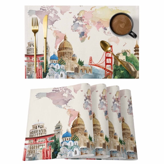 Placemats 1 Pack, World Map Woven Placemat, Linen Place Mats for Kitchen/Dining Tables, Farmhouse Famous Building Tourism Bridge Washable Table Mats for Party